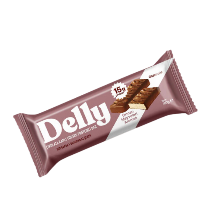 DELLY Çikolata Kaplı Yüksek Proteinli Bar - Orman Meyveleri Aromalı 40g